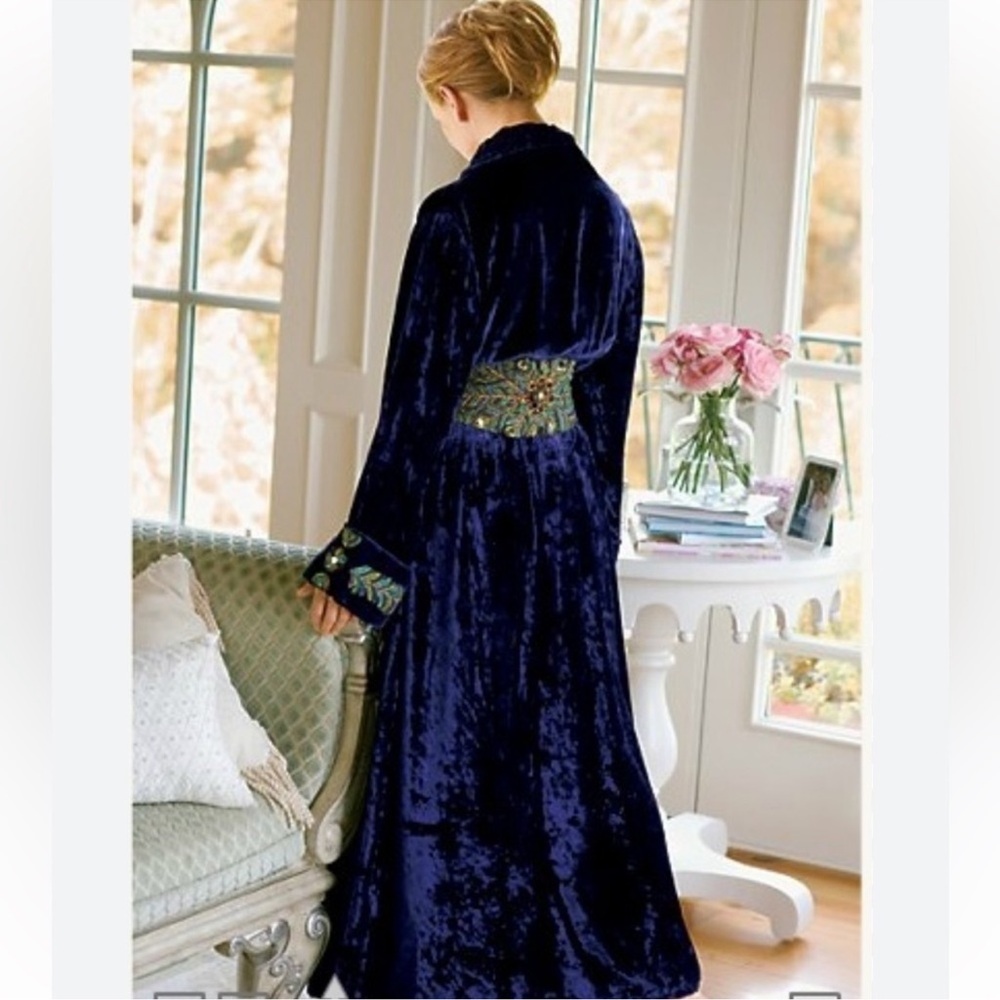 Soft Surroundings Navy Velvet Long Robe with Embroidered Belt